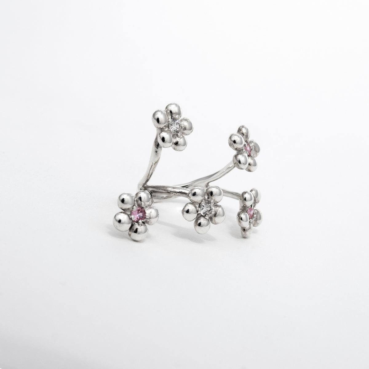 Bague Rencontre en argent 925, fleur serti de pierres d'intention coté — Collection Éclosion