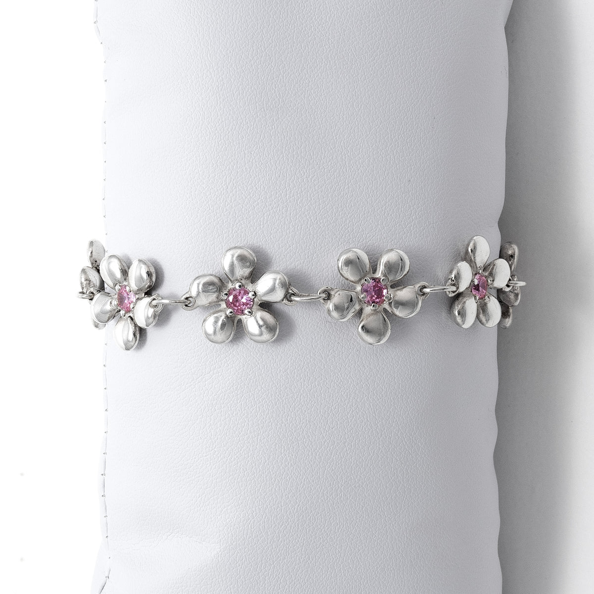 Bracelet Harmonie en argent 925, fleur serti de pierres d'intention zircon rose— Collection Éclosion